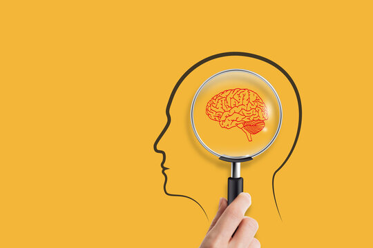 Mental health and problems with memory. Human mind analysis and intelligence research concept on yellow background.