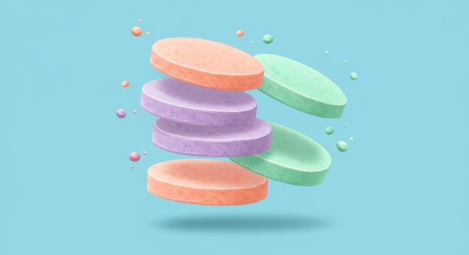 Colorful floating pills on a blue background with copy space