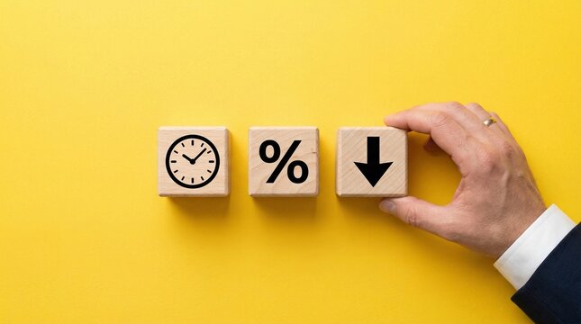 Time, Percent, and Decrease: Conceptual shot shows a hand moving wooden cubes to demonstrate the concepts of time, percentage, and decline against a yellow backdrop.