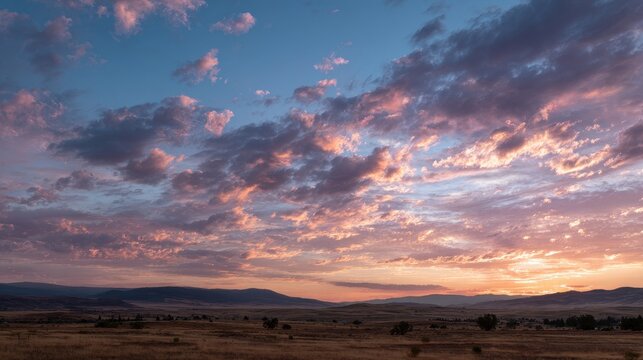 Wide sunset sky breaking through layered clouds over a tranquil landscape at golden hour