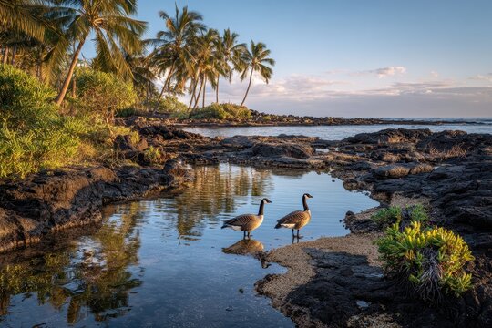 Wildlife portrait of a Nene pair near a reflective lagoon on volcanic coast