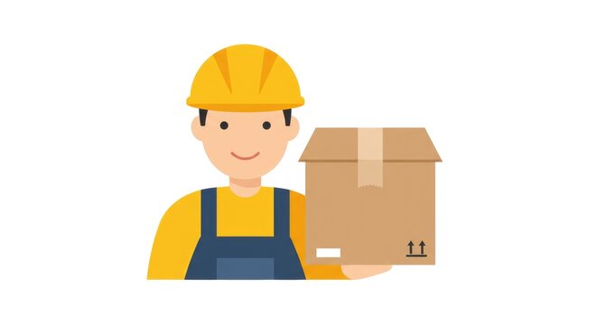 Delivery worker holding cardboard box illustration on white background