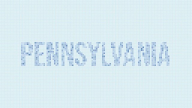 Pennsylvania, United States dotted map animation. Digital style shape of the state. Pennsylvania, United States shape and title dots appear with bulb flickering effect.