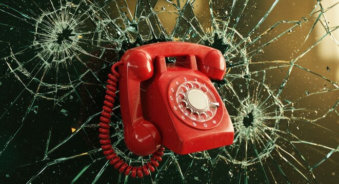 Red telephone on broken glass with cracks abstract background