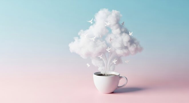 Coffee cup with cloud shaped vapor and birds flying above soft color background