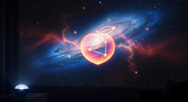 Cosmic peach conceptual illustration of galaxy and fruit with starry accents