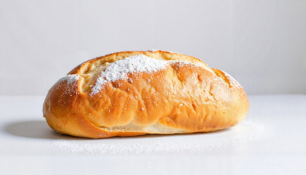 Freshly baked bread loaf with powdered sugar on white surface  
