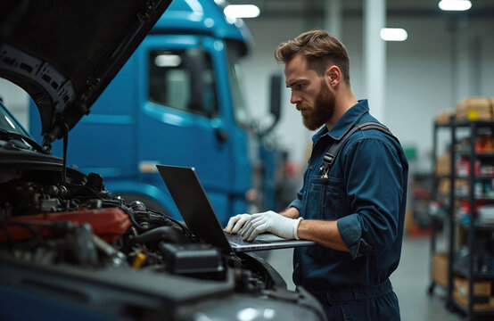 Man with beard in blue overalls works on laptop near open truck engine. Mechanic uses computer for vehicle diagnostic in modern auto repair shop. Technician fixes truck parts.