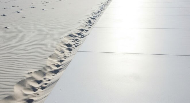 Footprints on textured sand next to a smooth reflective surface under sunlight