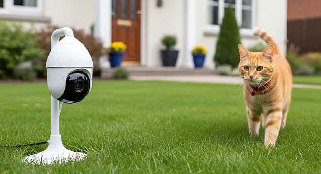 Orange tabby cat walking on green lawn beside white outdoor security camera