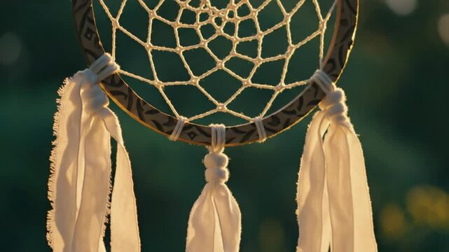 Close up view of dream catcher with white ribbons in front of a green natural background in soft sunlight