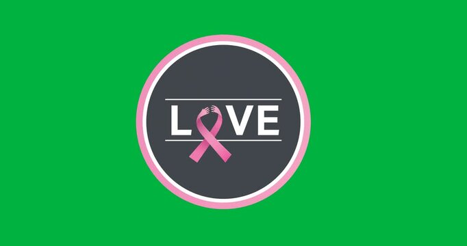 Digital animation of love text with pink ribbon icon over round banner against black background