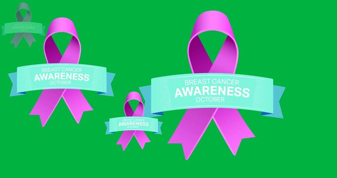 Multiple breast cancer awareness text banners over purple ribbon icons against black background