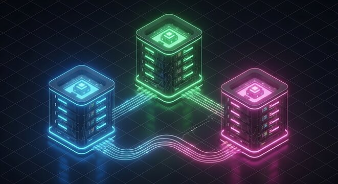 Isometric view of three interconnected, glowing server towers on a dark grid