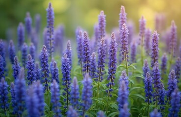 Obraz premium Spiked speedwell flowers bloom with bright blue violet petals on green stems. Delicate flora forms dense clusters in nature. Sunlight softly lights field in summer.