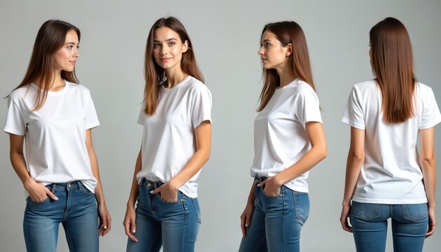 Young woman poses in white t-shirt, blue jeans, showing front side, back views. Female model wears casual apparel against grey studio background. Image perfect for apparel mockups, fashion ads.