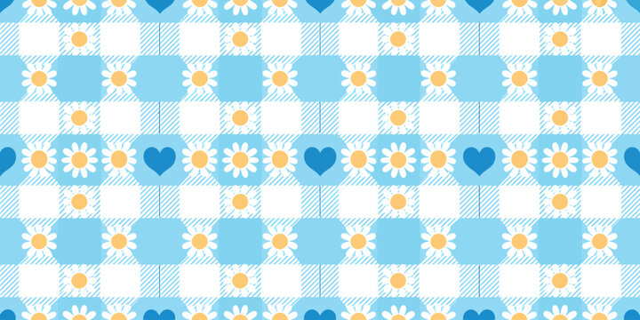 Seamless pattern of blue gingham squares with white daisies and blue hearts for spring