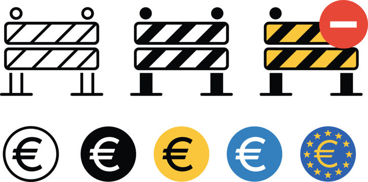 Set of road construction barrier icons and Euro currency coin symbols in flat outline and solid colorful styles for maintenance website under construction and European finance, 25 words.