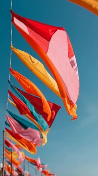 Colorful fabric pennant flags waving in wind against clear blue sky