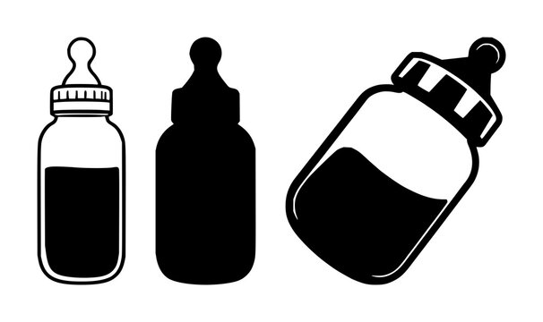 Baby bottle icon set with minimalist black design featuring infant, feeding, milk with nipple and cap