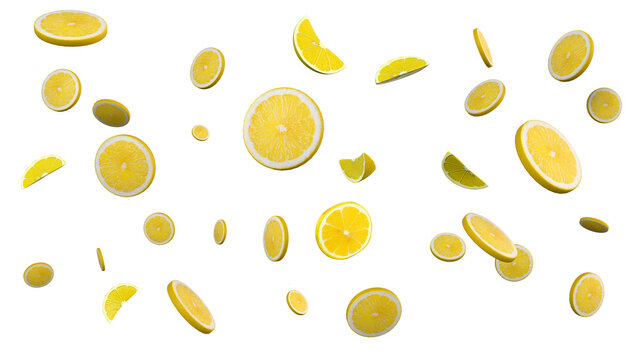 Flying lemon slices on white background 3D render
