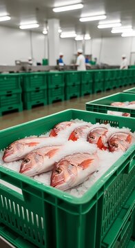 Fresh red snapper fish on crushed ice in green plastic crates in processing facility