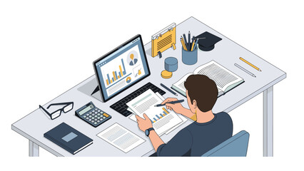 Fototapeta premium High angle view of a dedicated student studying at a cluttered desk with various books, a calculator, a notepad, and a modern laptop.