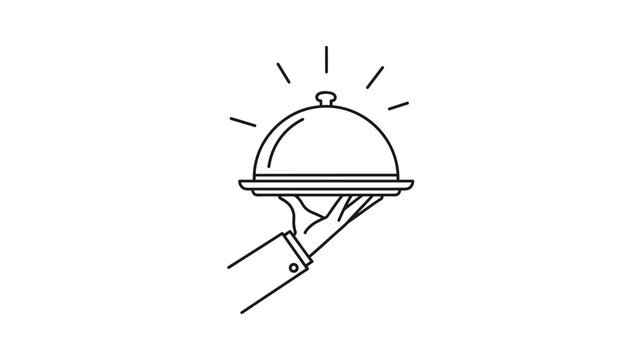 Professional hand wearing a suit sleeve holds a silver platter with a dome cloche cover ready to serve a delicious gourmet meal.