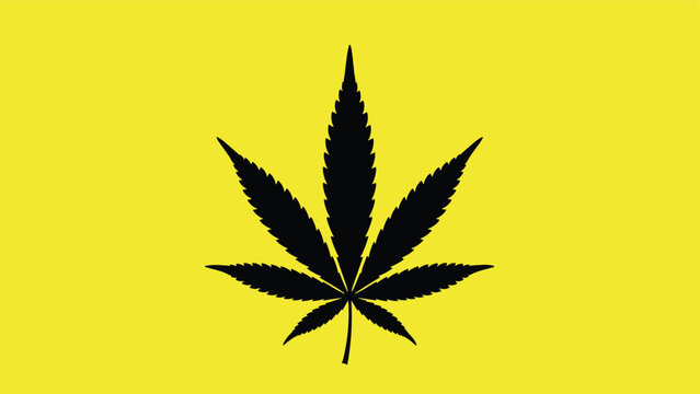Single black silhouette of a cannabis sativa leaf centered on a bright yellow background representing medical marijuana or hemp products.