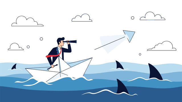 Brave businessman sailing in a small paper boat through shark infested waters while looking through a telescope for a safe direction.
