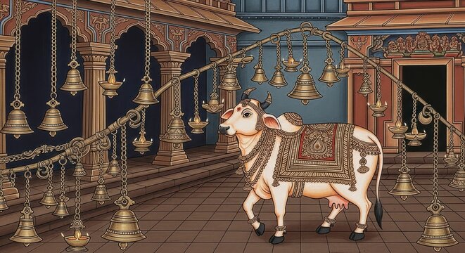 Sacred Cow Adorned with Bells in Traditional Indian Temple Courtyard.
