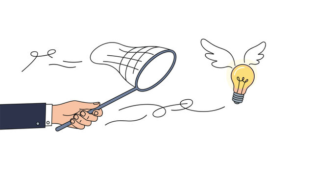Creative concept showing a person hand using a butterfly net to catch a winged glowing light bulb representing a new idea.