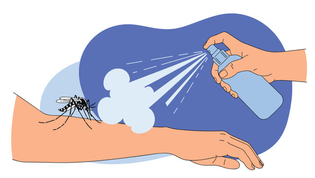 Person spraying insecticide repellent from a blue bottle onto their arm to protect from a mosquito bite against a blue background.