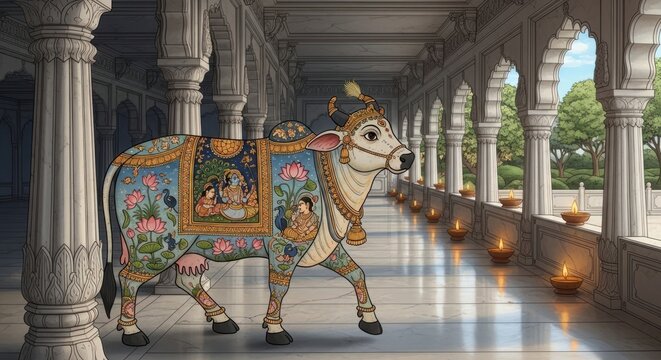 Sacred Cow adorned with intricate religious artwork walks through a grand temple corridor.