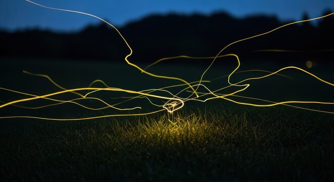 Magical fireflies creating luminous trails in the dark grassy meadow at night