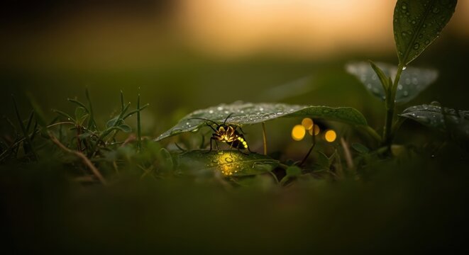 Tiny firefly illuminated under a leaf in a lush green forest at night, emitting a magical glow