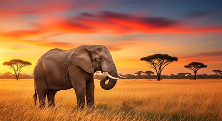 Fototapeta premium Majestic African elephant stands in a golden field beneath a vibrant sunset sky
