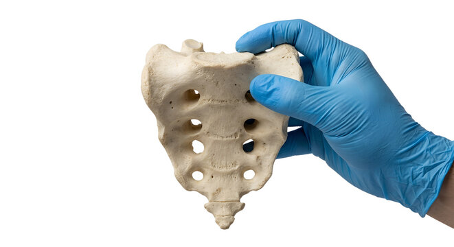 Hand holding a human sacrum bone (triangular bone at base of spine), isolated on transparent background, representing pelvic anatomy and spinal fusion