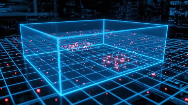 A futuristic neon-lit grid displays a 3D cube with glowing particles floating inside and around it.