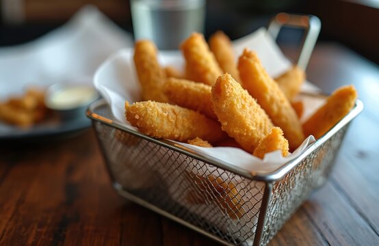 Golden fried pickle spears served in metal basket with dipping sauce. Appetizer served on wooden table in casual restaurant. Delicious bar snack ready for eating.