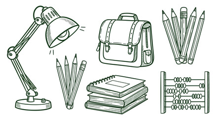 Hand drawn sketch of school and office supplies collection. © Nuer17