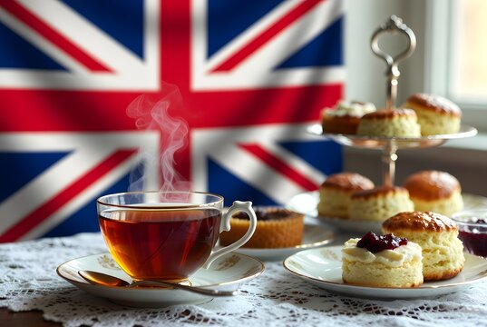 Traditional British afternoon tea with scones and Union Jack flag backdrop