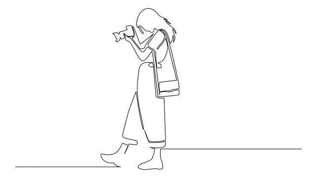 Continuous single line animation of young woman taking photo with DSLR camera photography concept minimalist video