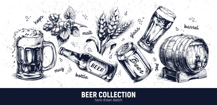 Rustic handdrawn beer with traditional elements. Monochrome sketch portraying cozy pub beer setting. Detailed ink drawing of nostalgic pub scene with beer and associated items