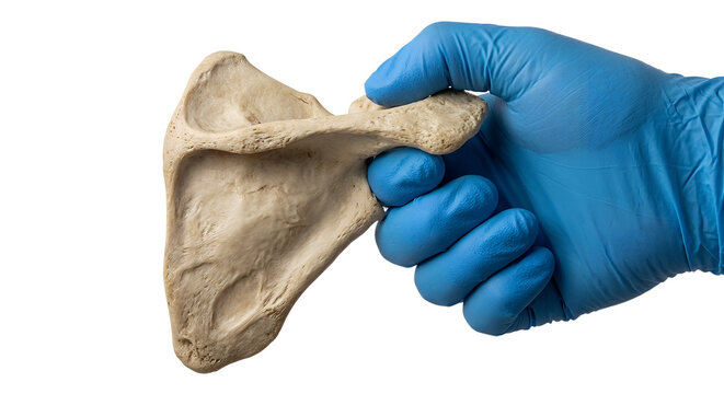 Hand holding human scapula (shoulder blade) bone, isolated on transparent background, representing orthopedic anatomy and skeletal study
