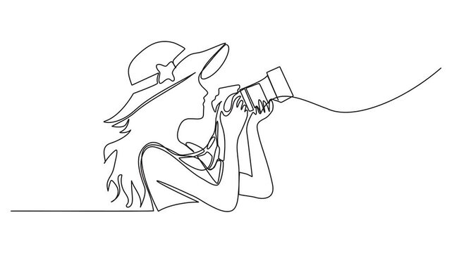 Continuous single line animation of young woman taking photo with DSLR camera photography concept minimalist video