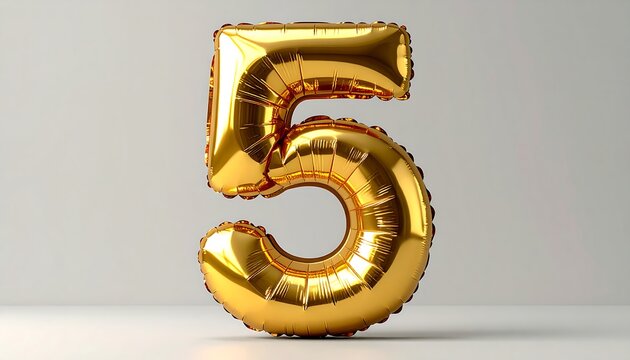 A shiny golden number five balloon stands against a neutral grey backdrop, reflecting light and shadow
