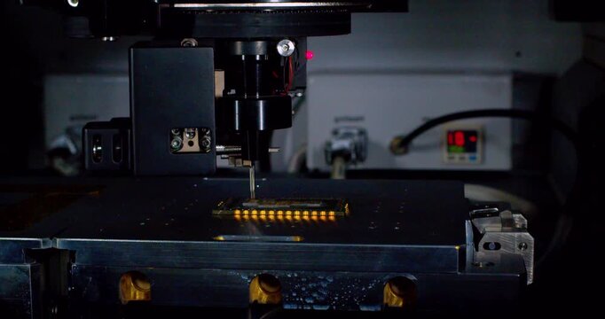  Modern hi-tech production. Electronic circuit boards production and installation of SMD components. Special equipment diagnose and test chips and processors. Manufacture of electronic chips. Close-up