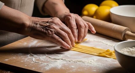 Obraz premium Elderly hands cutting fresh pasta dough on floured wooden surface
