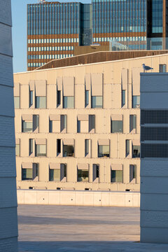 Modern minimal offices architecture with facade buildings on empty urban street in Oslo Norway showing quiet Scandinavian business district in daylight